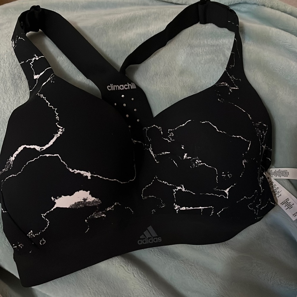 Sport Bra, black and white, padded , racer back style, moulded cups & adjustable